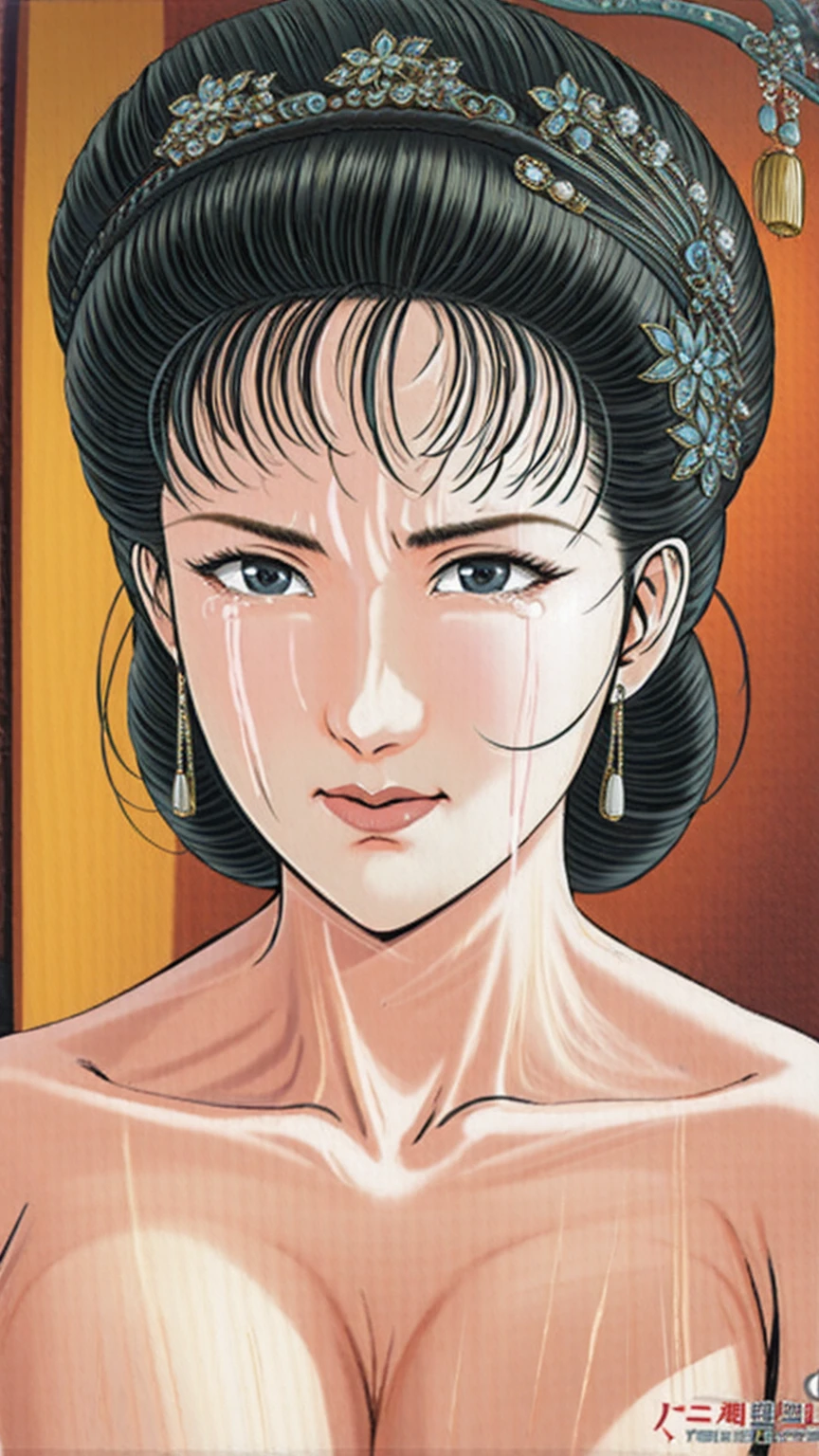 (best quality), (very aesthetic), (ultra-detailed), (best illustration),(a mature female),(perfect face),Suikoden,Mrs. Lin,(NSFW),((full_body)),((full_nude)),((crying)),Covers mouth with right hand,red cheek,sweating,skinny,flushed skin,(hairly pussy),Her breasts are being sucked by a skinny middle-aged man,chinese traditional bed room,overhead view