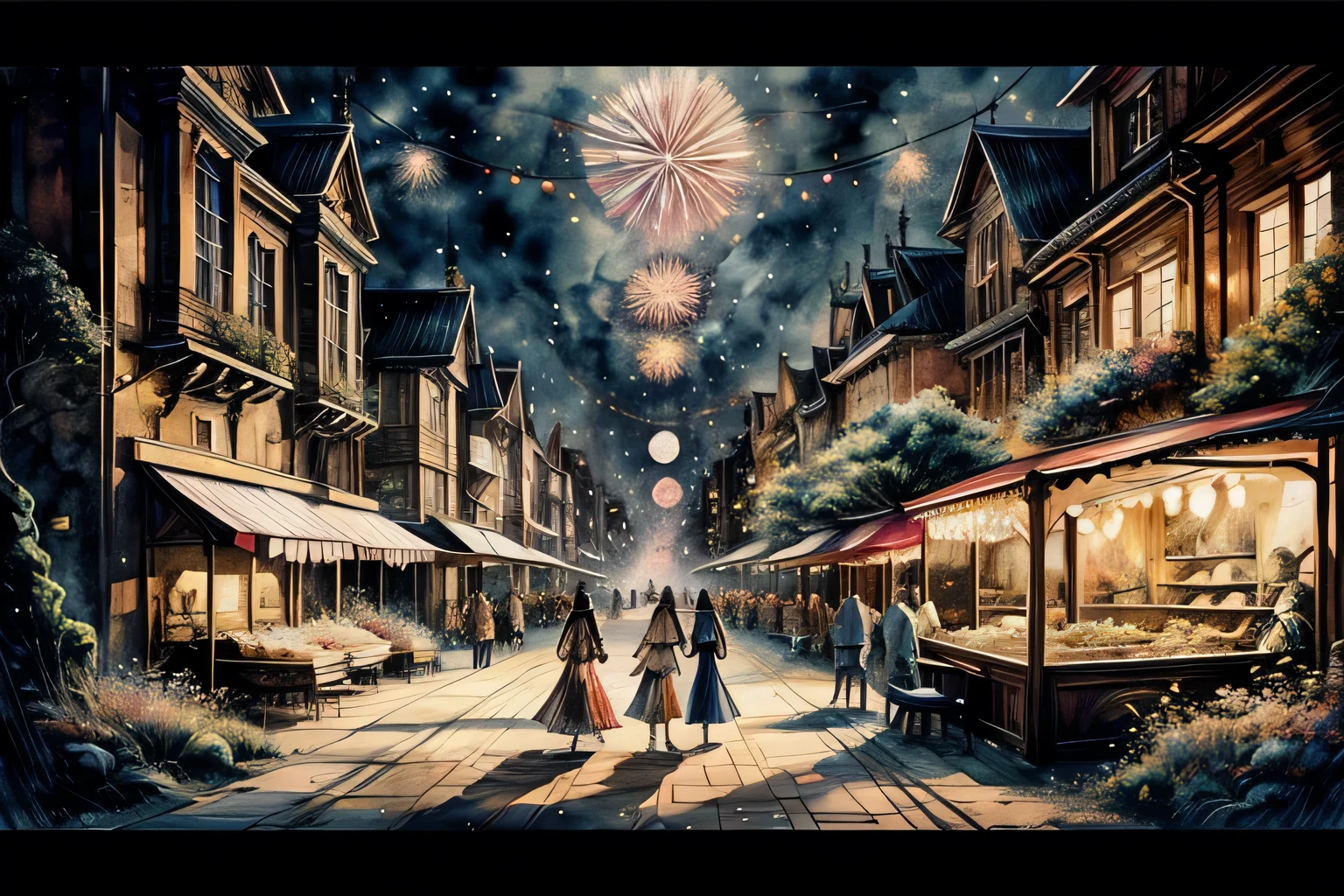 New Year Festival Venue, Interior, Watercolor, art, art, Fantastic illustrations, upscale, fairy tale, Fairytale