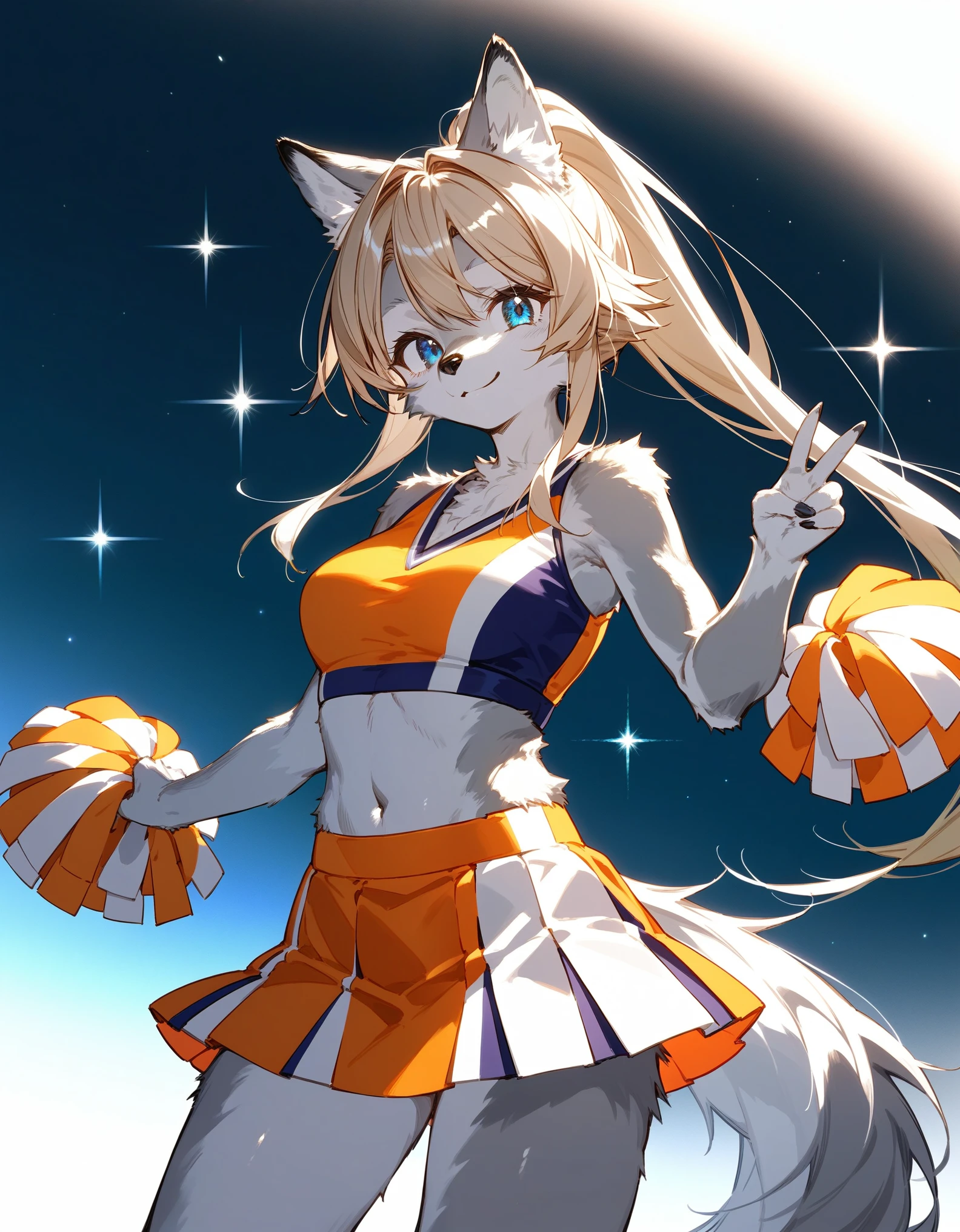 Solo, score_9,score_8_up, score_7_up, an Anthro furry wolf girl, kemono style, silver furry body, tall, hourglass figure, silver wolf tail, golden blonde hair, hair in a ponytail, beautiful opalescent blue eyes, black nose, wearing blue and white cheerleader outfit, holding up two peace signs with her hands, standing, big smile, sparkling blue eyes, silver abstract background, soft shading, soft line art,