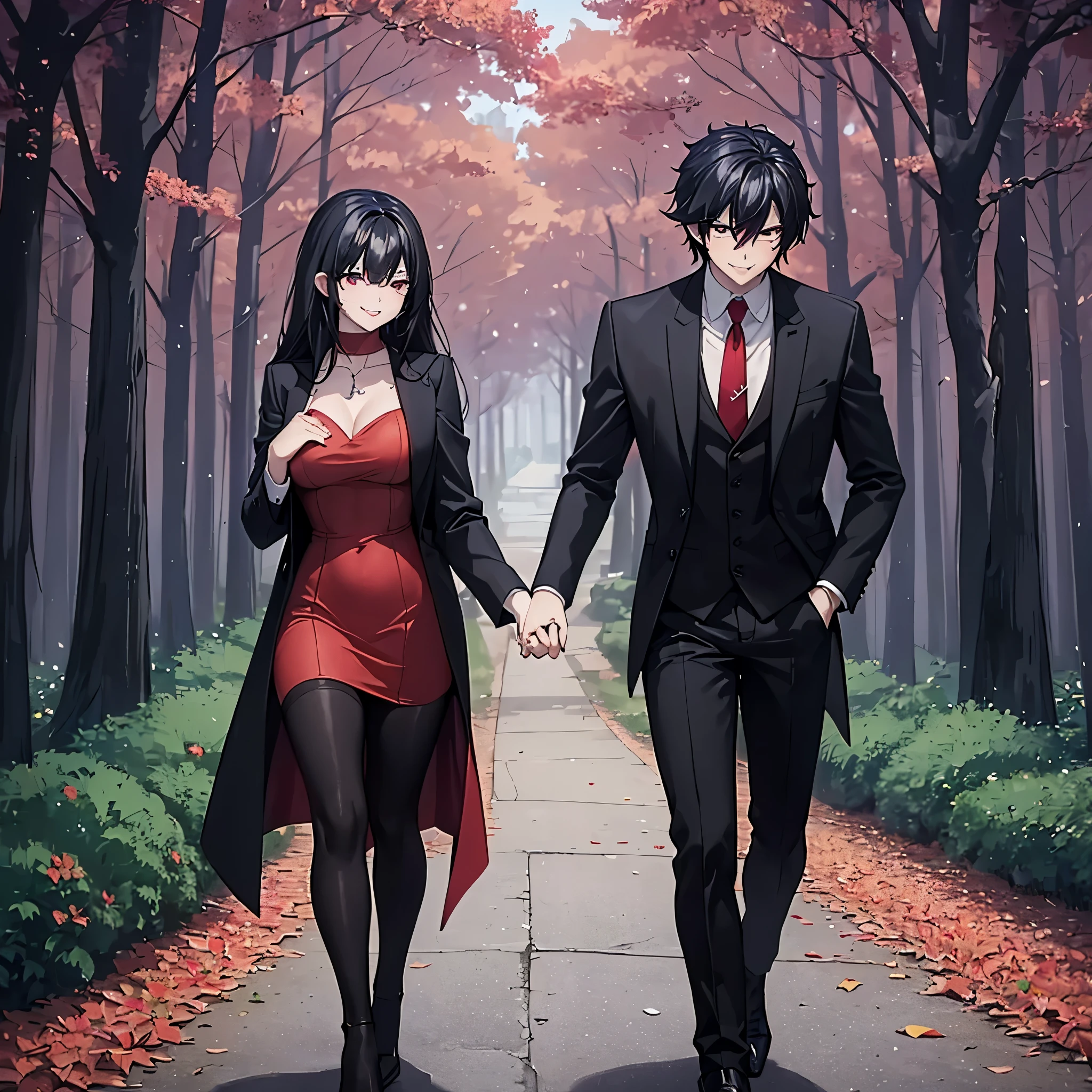 A man together with a woman holding hands walking in a park at night, with perfect lighting, (romantic mood) (holding hands perfectly with coherent fingers), (woman wearing a low-cut red dress with long brown stockings, smiling red eyes, long black hair) (a man wearing a black suit, black pants, black hair, dark blue eyes, smiling) (just a couple of man and woman)
