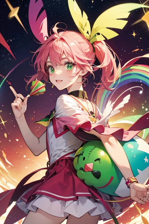 Cracketchi resembles a rainbow-colored party cracker with red and green stars. Her face is pink, with small eyes and a dark pink beak, and has a string with a green ball on the end on her back. SPARKLE; GLITTER
