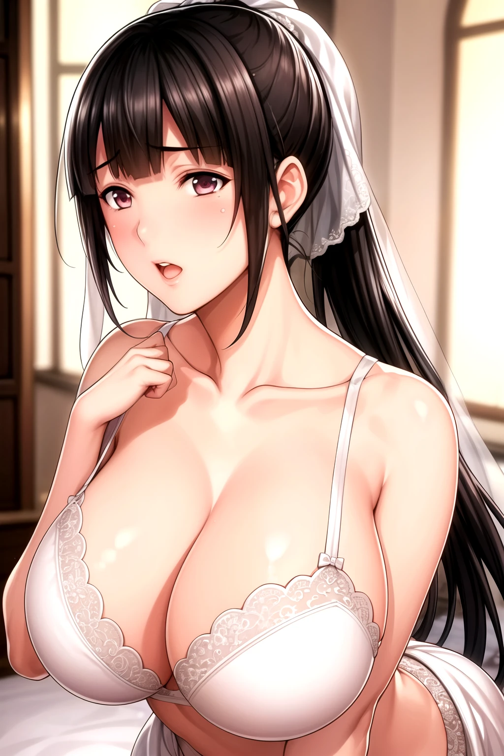 bride, Wedding dress, veil,紫色的Eye, Black Hair, White hair ornaments,long hair,Bangs, High Ponytail, 1 girl, 20 years,Young women,Fair Finger,Fair long legs,Fair body, Fair Nose,Fair character design, perfect Eye, perfect Face,expressive Eye,Perfect balance, looking at the audience,(Focus on her Face),shut up, (Innocent_Big goals_Eye:1.0),(Light_Smile:0.3), Official Art,Extremely detailed CG unity 8k wallpaper, Perfect lighting,rich and colorful, bright_front_Face_Lighting,White skin, (masterpiece:1.0),(the best_quality:1.0), Ultra-high resolution,4k,Super detailed, photography, 8K, HDR, high resolution, absurd:1.2, Kodak Portrait 400, Film Grain, Blurred background, Bokeh:1.2, 鏡頭Light暈, (Full of energy_color:1.2),专业photography师, (Fair,Big goals_Chest:1.4), (Fair_Face:1.5),(narrow_waist),veil, bra, Lace, underwear, whole body