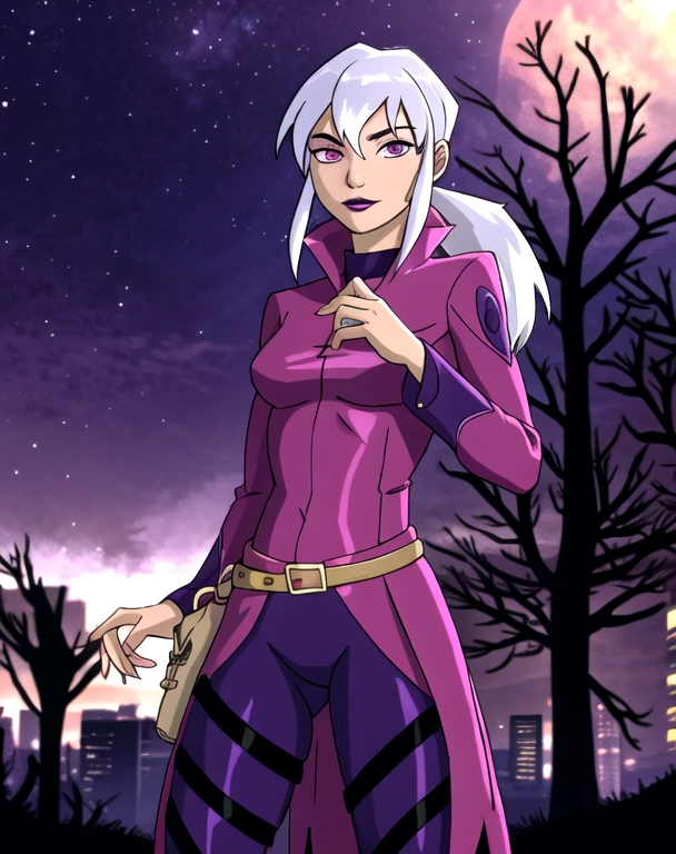 (cowboy shot), sfw, (masterpiece), (best quality:1.0), (ultra highres:1.0), detailed eyes, BREAK Charmcaster, 1girl, low ponytail, bangs, pink eyes, lipstick, magenta coat, bodysuit, dark purple tights, thigh straps, pouch belt BREAK (city, nighttime, creepy and isolated tone, outdoors, gorgeous view)
