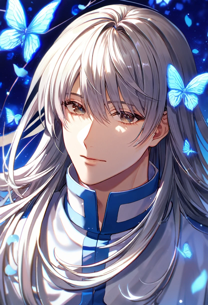Ultra detailed, Highres, absurdres, HDR, Kaito, white long hair, without bangs, expressive brown eyes, white long shirt, blue beret, Hunter X Hunter, blue flowers, petals, handsome, sexy man, solo, very detailed eyes and face, glittering small blue butterflies, master piece, glittering, fantasy, cross, blue background, blue flames,