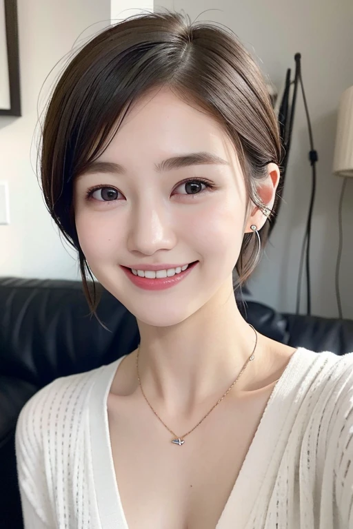 205 ((short hair)), 20 year old female, Wear underwear、Cardigan、wet underwear、Medium breasts、 Fresh smile、Beautiful tooth arrangement、Black hair、earrings、Necklace on the neck、looking into camera

