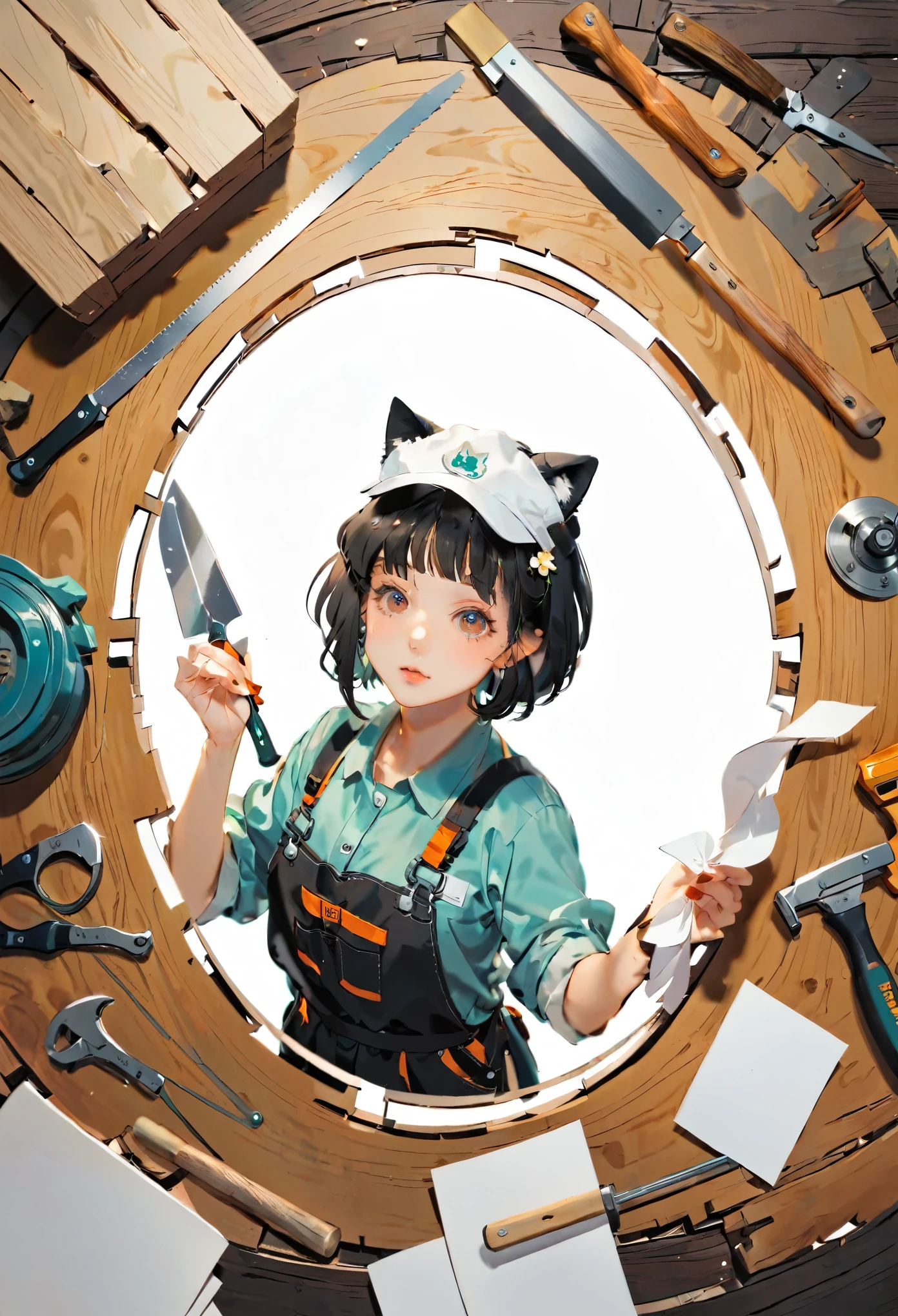 (((paper cutting style))), 1 girl, black short hair, Carpenter's work uniform, cap, tool for woodwork, from above, cat,
Carpenter's work site