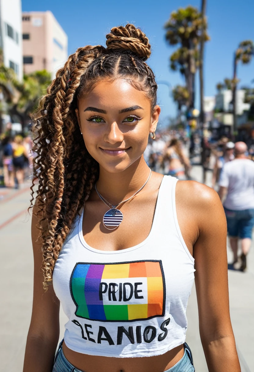 slightly tall young woman, light brown skin, light green eyes. Long brown curly hair with braids, ponytail, white tank top with small rectangle pride flag graphic, long dark blue Denim Jeans necklace, nose piercing, transparent lipgloss, slim built, very beautiful, late adolescent, 19 years old, full body photo, long legs, walking in downtown Santa Monica during Pride Month