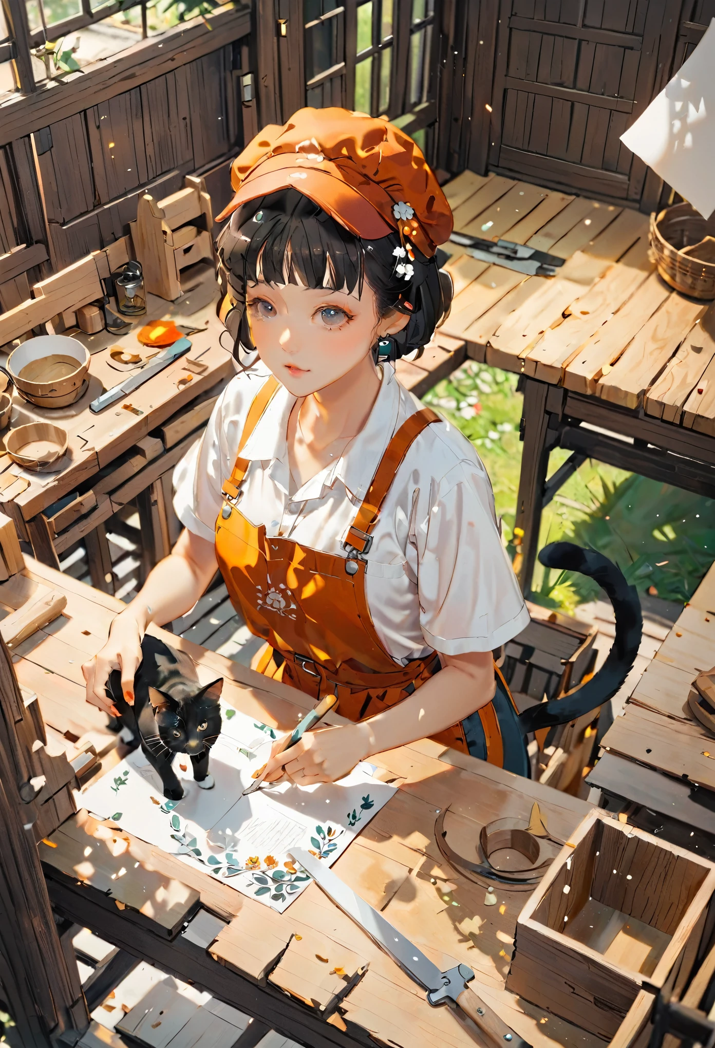 (((paper cutting style))), 1 girl, black short hair, Carpenter's work uniform, cap, tool for woodwork, from above, cat,
Carpenter's work site