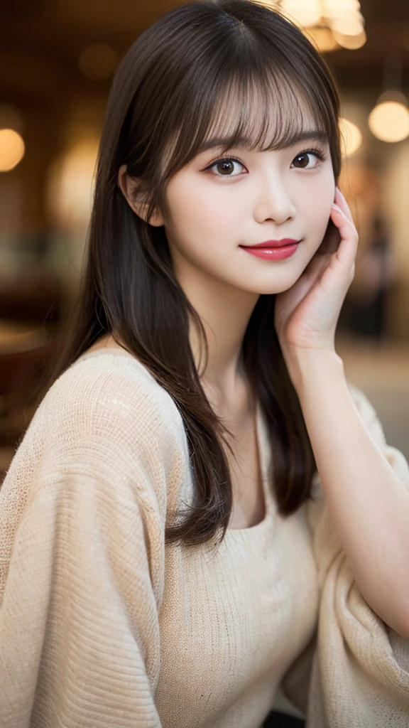 a beautiful japanese girl, intricate details, random hairstyle, (best quality,8k,ultra-detailed,hyper-realistic,photorealistic,masterpiece:1.3),extremely detailed face and eyes,long eyelashes,beautiful skin,flawless,natural lighting,cinematic composition,vibrant colors,stunning，A portrait of a Japanese woman with fair, translucent skin. She has large, almond-shaped double-lidded eyes with long eyelashes, a small face with a sharp jawline, a small and well-defined nose, thin natural lips, and long, straight, shiny black hair. She is wearing natural and subtle makeup with a touch of peach-colored blush, and has a gentle smile and a soft expression. She is dressed in simple, clean attire and is posed in a relaxed manner in a naturally lit indoor setting.