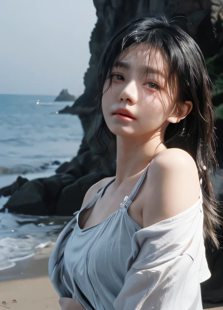 best qualtiy, Ultra-high resolution, (realisticlying:1.4), Royal Sister,(full body1.2)a sense of atmosphere,a beauty girl,sea beach, looking at viewer, closeup cleavage ,(Photorealistic:1.4), 1girl , Sexy body ,(black simple Bra), (Upper body:1.4),(Wet body:1.2), (perfect hand), (perfect fingers), (sexy face), (sexy tattoo on chest)