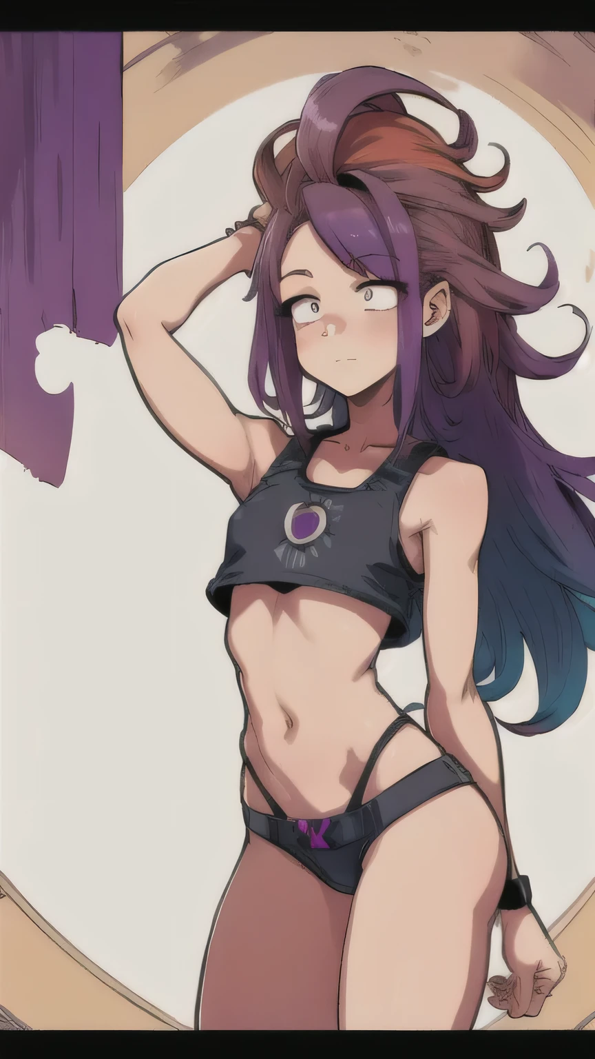 1 girl, Zoey, (Heterochromia:1.3), (long hair), (dirty hair), purple hair , in thongs and crop top, lush, magic hair,