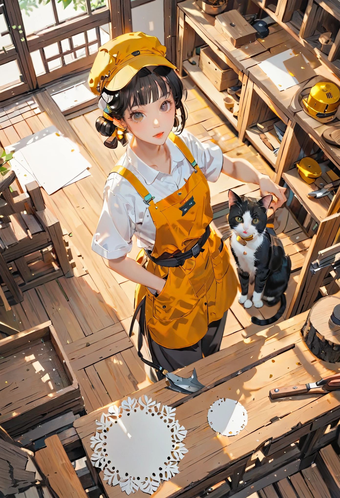 (((paper cutting style))), 1 girl, black short hair, Carpenter's work uniform, cap, tool for woodwork, from above, cat,

Carpenter's work site