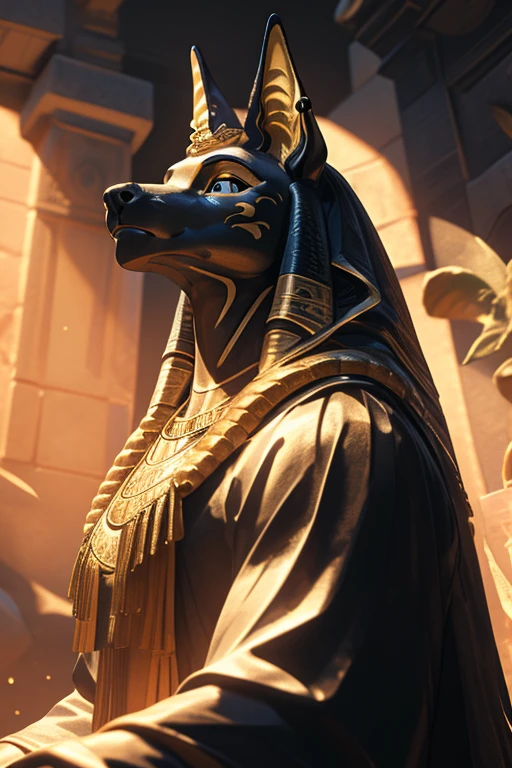 An intricate, high-detail 3D render of a muscular Anubis figure, meticulously crafted by the renowned artist "Akhenaten". This solo depiction showcases Anubis in a regal, sitting pose, adorned in a richly adorned, golden Death Mask. His sculpted physique exudes both strength and elegance, with a detailed body, face, and eyes that capture the essence of the ancient Egyptian god. The scene is set against the backdrop of a dimly lit, mysterious temple, with a bright, ethereal light illuminating the figure, creating a dramatic, realistic atmosphere. This masterpiece, rendered in Unreal Engine, has gained