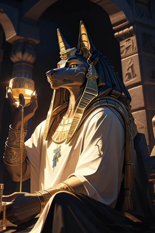 An intricate, high-detail 3D render of a muscular Anubis figure, meticulously crafted by the renowned artist "Akhenaten". This solo depiction showcases Anubis in a regal, sitting pose, adorned in a richly adorned, golden Death Mask. His sculpted physique exudes both strength and elegance, with a detailed body, face, and eyes that capture the essence of the ancient Egyptian god. The scene is set against the backdrop of a dimly lit, mysterious temple, with a bright, ethereal light illuminating the figure, creating a dramatic, realistic atmosphere. This masterpiece, rendered in Unreal Engine, has gained