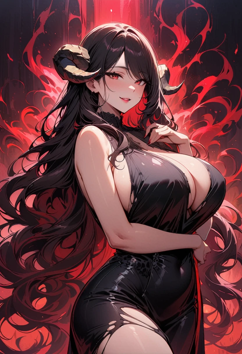 masterpiece, Very detailed, ultra detailed, One, (1 woman), She is in a black leather dress with red details and in an elegant pose, super mature, high, mother, Mature mother, super long hair, dark black curly hair with side bangs, black thin dragon horns, Beautiful, charming, reptiles have bright crimson-red eyes, elegant, big breasts (Huge, torn), cheerful breasts, Lustful smile, charming, dark background, atmosphere against the background of a Huge red aura around her.