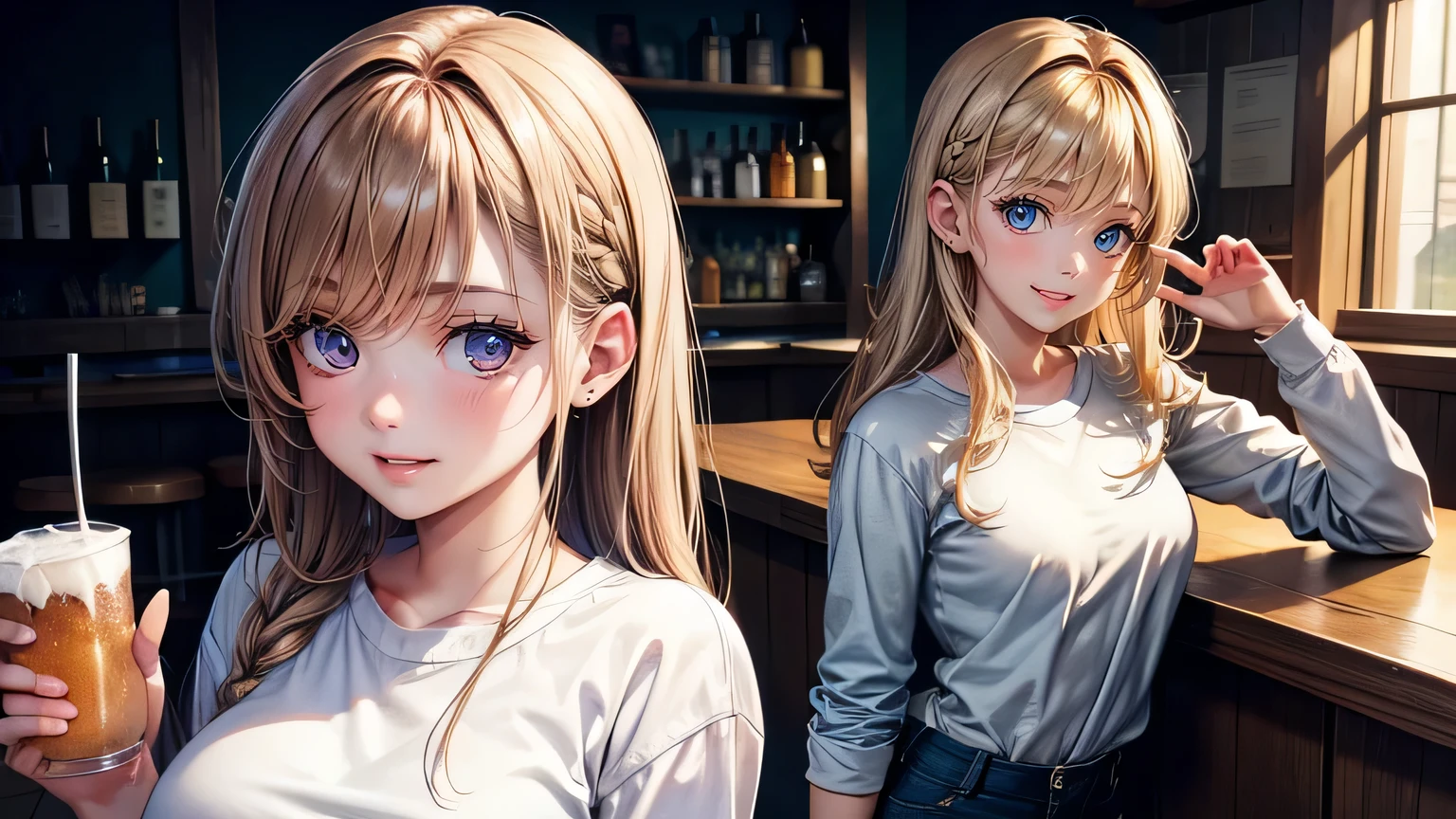 girl,one person,Light brown hair, Beautiful eyes,White long sleeve shirt, Short jeans at the bar,,smile,alcohol, Drunk face, 4K, Excellent anatomy, Playmaster, Detailed face, basalt, Ultra-high resolution, Accurate, Super detailed, Textured skin, High detail, highest quality, 8k,Precise and detailed pupils,accurate and detailed hair,