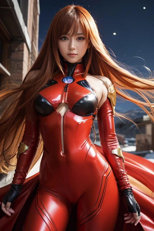 (highest quality, masterpiece, colorful, Dynamic Angle, highest detailed)(Asuka Langley), Upper body photo, Fashion photo of cute red long hair girl (Asuka Langley), dressing high detailed Evangelion red suit (High resolutionテクスチャ), Dynamic pose, Bokeh, (Intricate details, hyperdetailed:1.15), detailed, Moonlight filtering through hair, A perfect evening, (Fantasy Background), (Official Art, extreme detailed, highest detailed), High resolution+,Macho,beautiful girl,looks strong