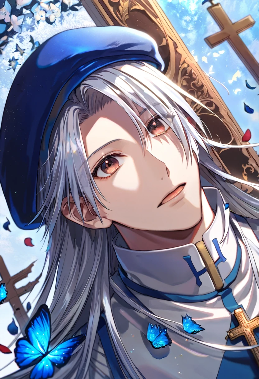 Ultra detailed, Highres, absurdres, HDR, Kaito, white long hair, without bangs, expressive brown eyes, white long shirt, blue beret, Hunter X Hunter, blue flowers, petals, handsome, man, solo, very detailed eyes and face, glittering small blue butterflies, master piece, glittering, fantasy, cross, blue background, blue flames,
