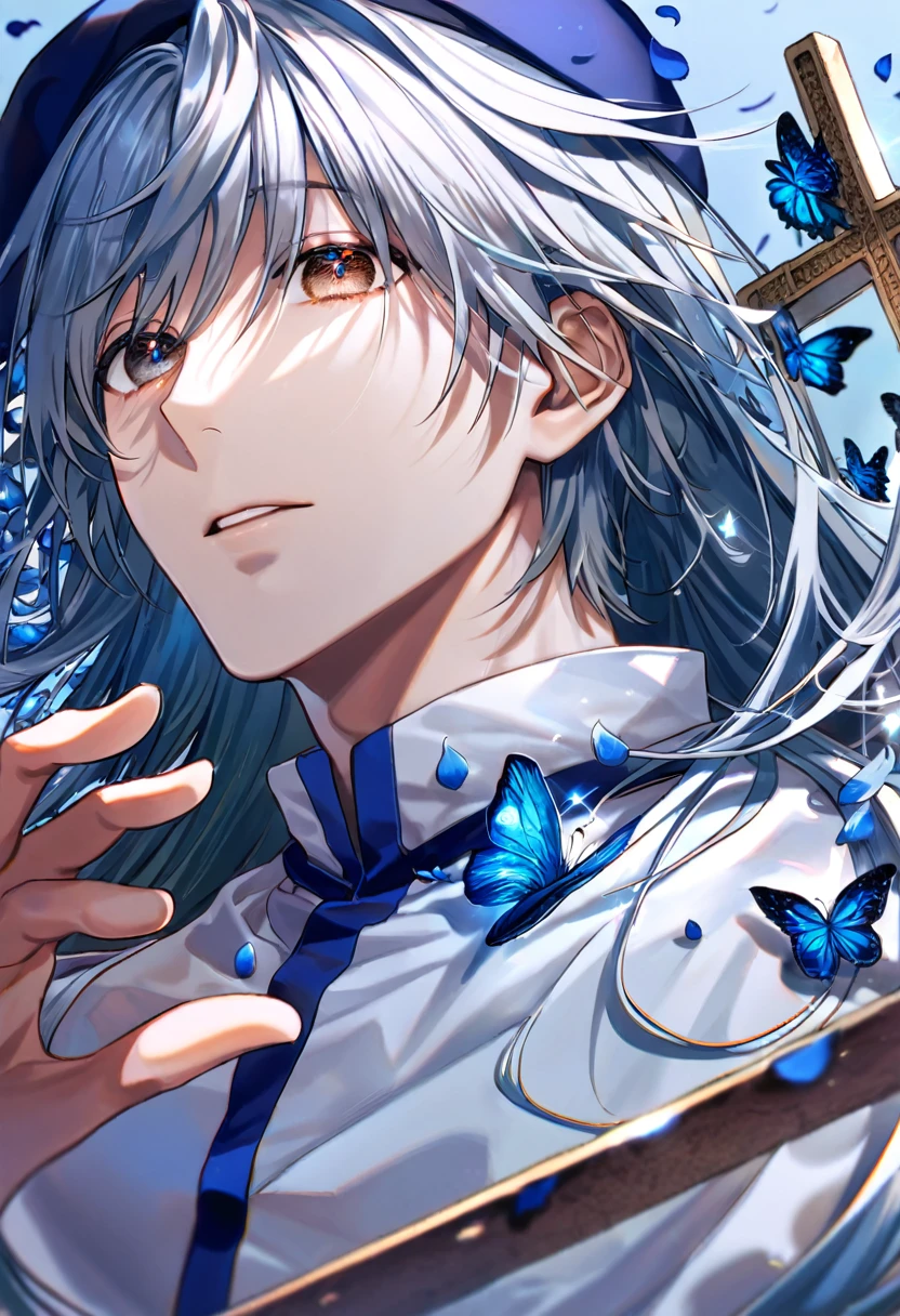 Ultra detailed, Highres, absurdres, HDR, Kaito, white long hair, without bangs, expressive brown eyes, white long shirt, blue beret, Hunter X Hunter, blue flowers, petals, handsome, man, solo, very detailed eyes and face, glittering small blue butterflies, master piece, glittering, fantasy, cross, blue background, blue flames,