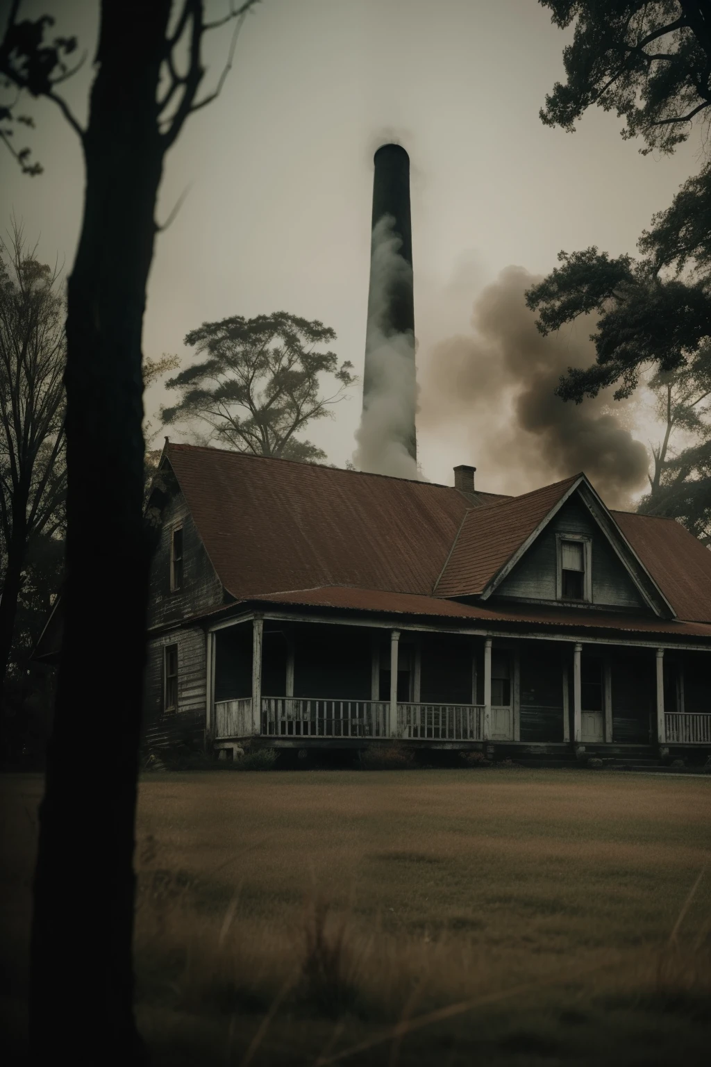 A hauntingly beautiful 8k home video, capturado em uma filmadora vintage dos anos 1970, features a tall demon standing menacingly in front of an ancient, decrepit house. The brown grass around the house is dry and parched, with smoke coming out of the chimney, adding to the ethereal, estranho, and artsy horror vibe. The retro style and fuzzy film are intensified by the scratch line effect in old films, creating a vintage and enigmatic atmosphere. Soft colors and stunning depth of field give the scene a liminal, otherworldly feel, transporting the viewer to a fantastic and detailed environment. O estilo de filmagem encontrado