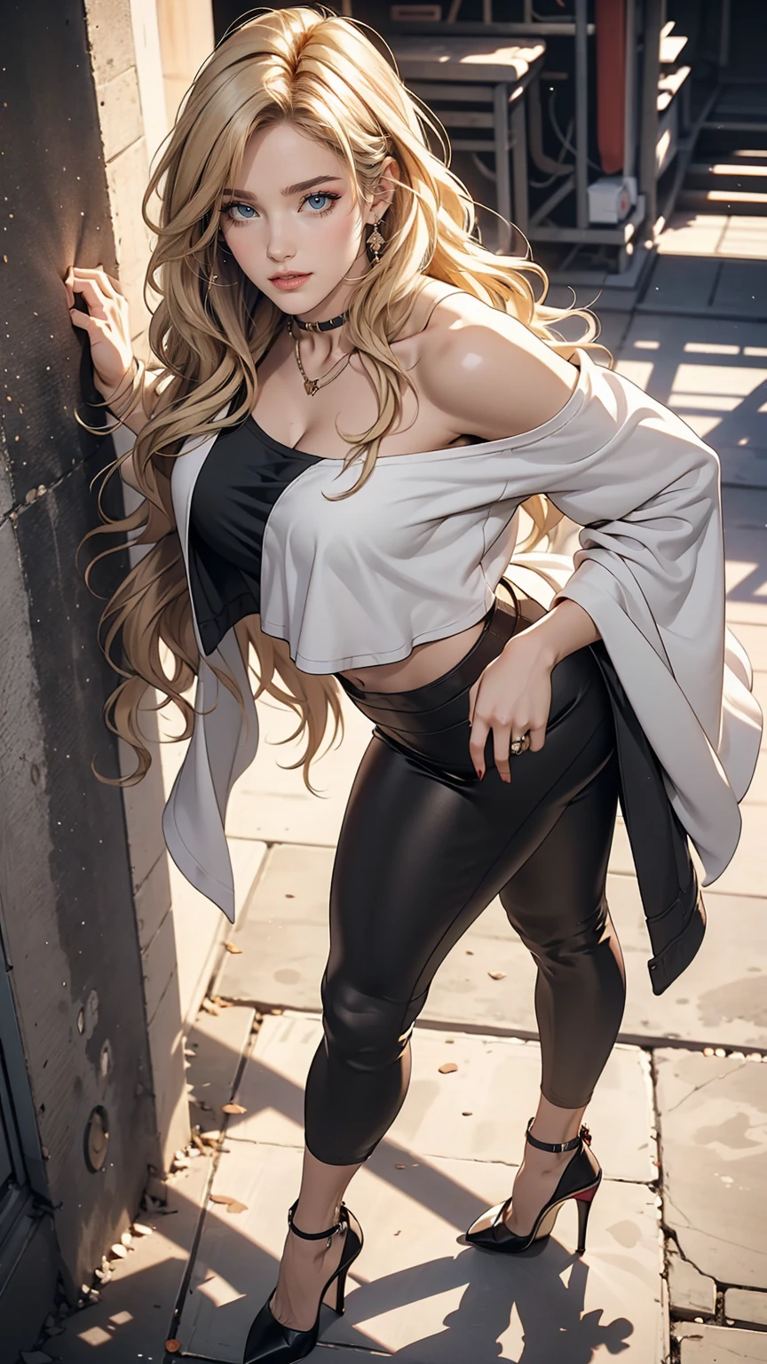 24-year-old female、long hair、Hair becomes wavy、Sexy proportions、Wear a one-shoulder top、Wear low rise leggings、Wear stiletto heels、smile、Place your hands on your hips、Old concrete wall background、sunlight from directly above