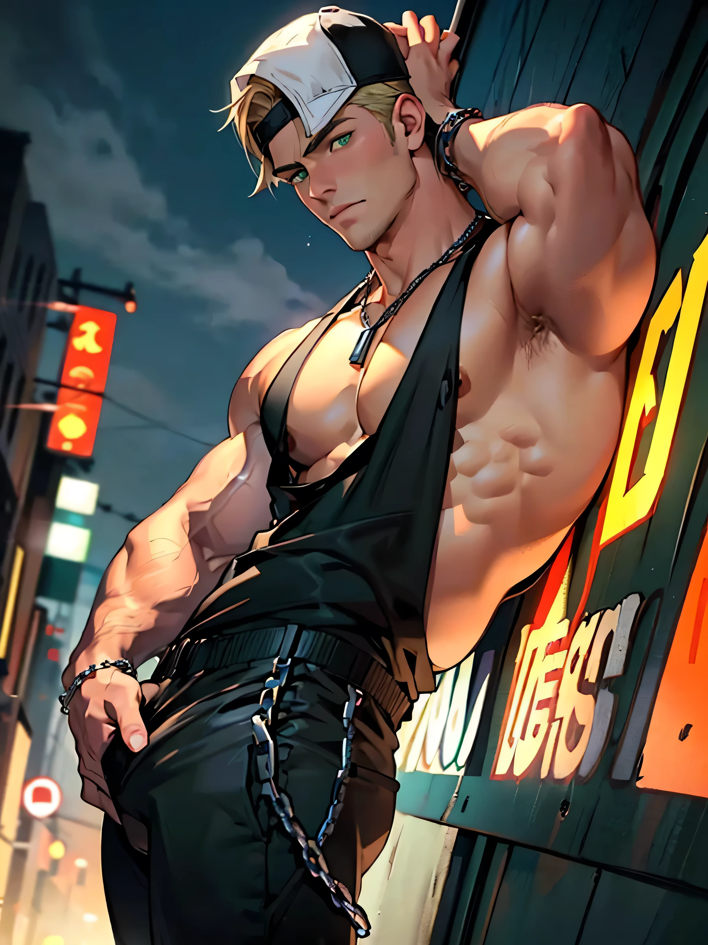 Young man, short blond hair, handsome face, tired expression, green eyes, large muscles, hyper pectoral, thick thigh, large butt. He's wearing a low-cut tank top, black pants, a backwards hat, and a silver chain around his neck, Big bulge. Scenery, party at night.