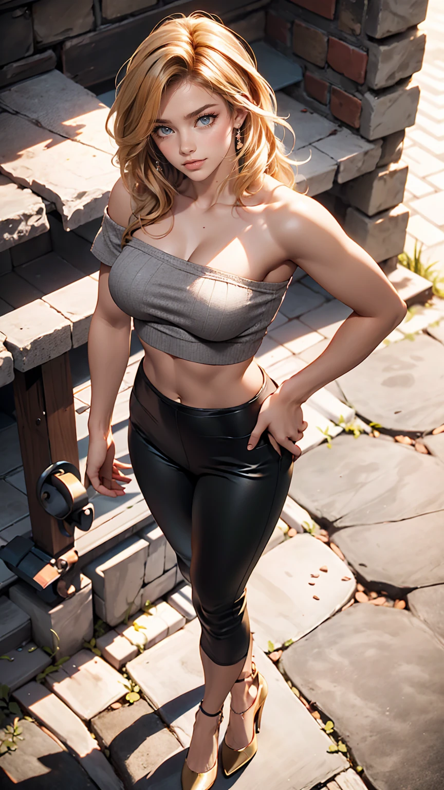 24-year-old female、long hair、Hair becomes wavy、Sexy proportions、Wear a one-shoulder top、Wear low rise leggings、Wear stiletto heels、smile、Place your hands on your hips、Old concrete wall background、sunlight from directly above
