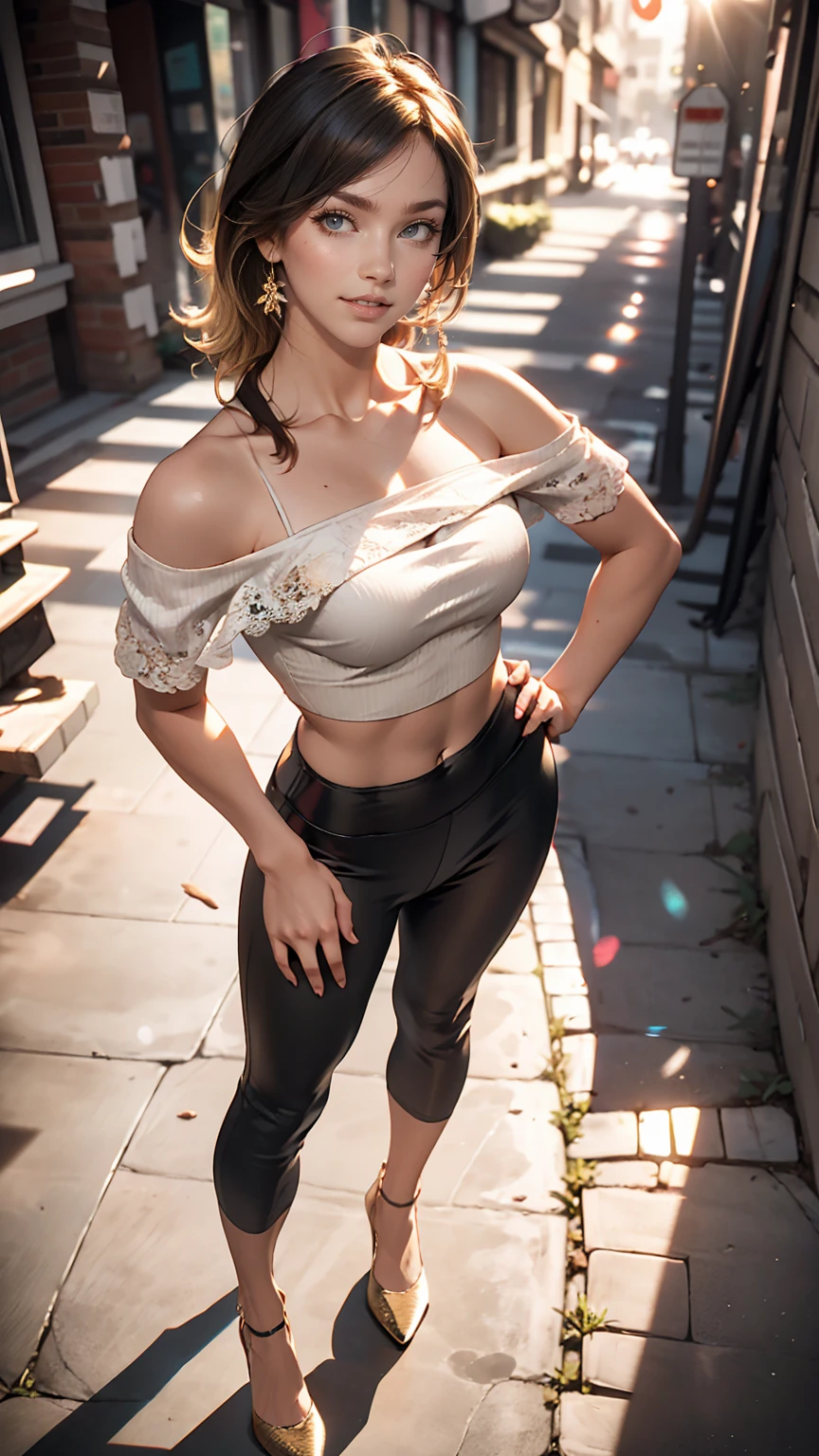 24-year-old female、long hair、Hair becomes wavy、Sexy proportions、Wear a one-shoulder top、Wear low rise leggings、Wear stiletto heels、smile、Place your hands on your hips、Old concrete wall background、sunlight from directly above