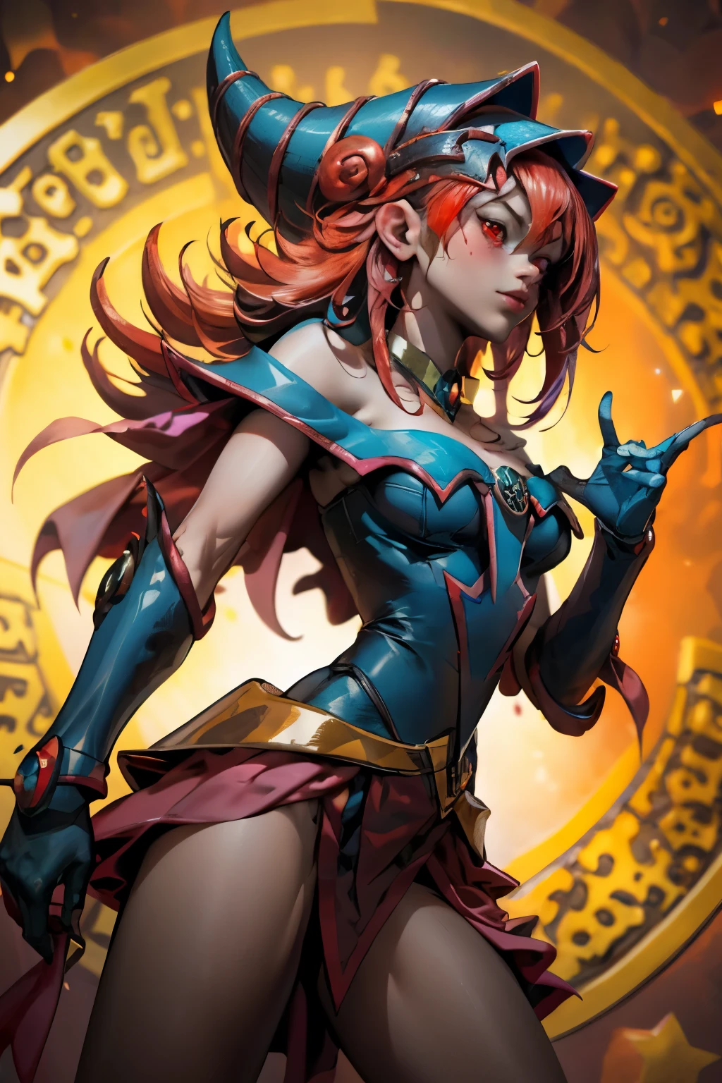 Hermosa maga oscura (obra maestra: 1.2, La mejor calidad), (1 , solamente), grandes senos, (dynamic posture), (piel brillante, crimson red skin), crimson red skin, Dark Maga Girl Sezy Demon Version, piel roja, Guantes finos y de encaje, ( small demonic horns:1.1), (Lilith \(acechadores oscuros\)), (cielo), fleco, (joya, Adorno dorado:1.15 ), pelvis grande, azul (grilletes:1.1) Dark Magician Girl Sexy Demon Version. Magic circle and magic hearts.. corazones magicos