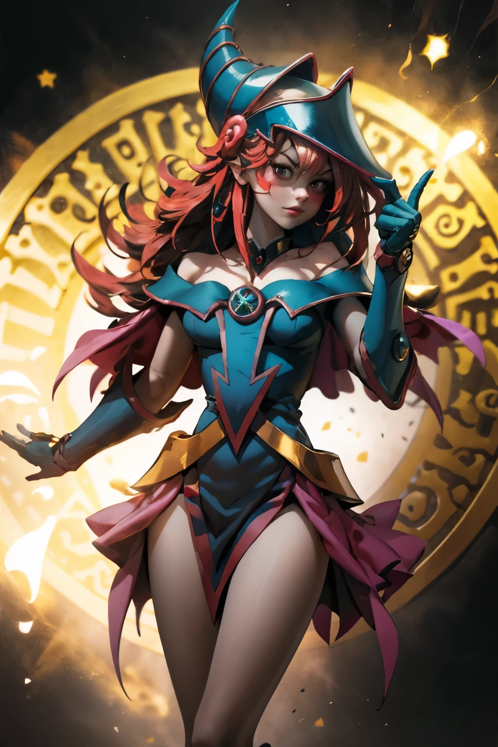 Hermosa maga oscura (obra maestra: 1.2, La mejor calidad), (1 , solamente), grandes senos, (dynamic posture), (piel brillante, crimson red skin), crimson red skin, Dark Maga Girl Sezy Demon Version, piel roja, Guantes finos y de encaje, ( small demonic horns:1.1), (Lilith \(acechadores oscuros\)), (cielo), fleco, (joya, Adorno dorado:1.15 ), pelvis grande, azul (grilletes:1.1) Dark Magician Girl Sexy Demon Version. Magic circle and magic hearts.. corazones magicos