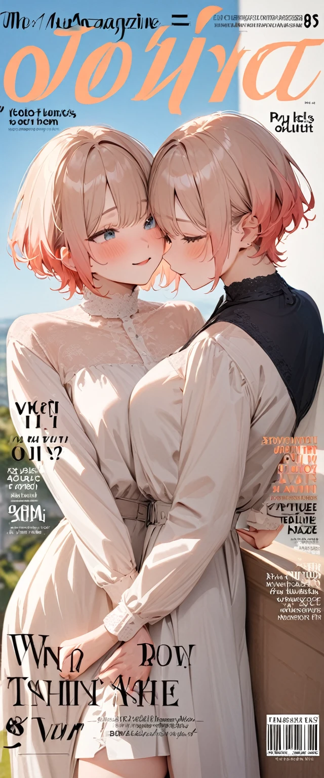 (magazine cover:1.3), masterpiece, best quality, twins, in love, romantic, leaning against each other, British, gradient hair, short hair