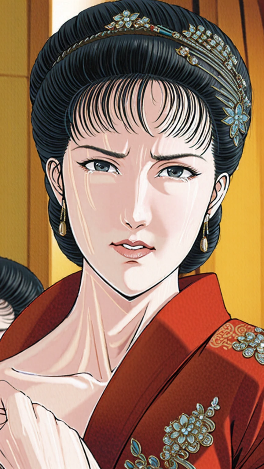 (best quality), (very aesthetic), (ultra-detailed), (best illustration),(a mature female),(perfect face),Suikoden,Mrs. Lin,(NSFW),((full_body)),((full_nude)),((crying)),Covers mouth with right hand,red cheek,sweating,skinny,flushed skin,(hairly pussy),Her breasts are being sucked by a skinny middle-aged man,chinese traditional bed room,overhead view