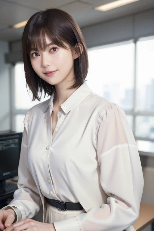 masterpiece, (Realistic:1.4), highest quality, Beautiful lighting,2024 Women, A kind smile, short hair, upper and lower work clothes, Futuristic control room,Body like a model, Natural light, RAW Photos, 8K Ultra HD, Film Grain