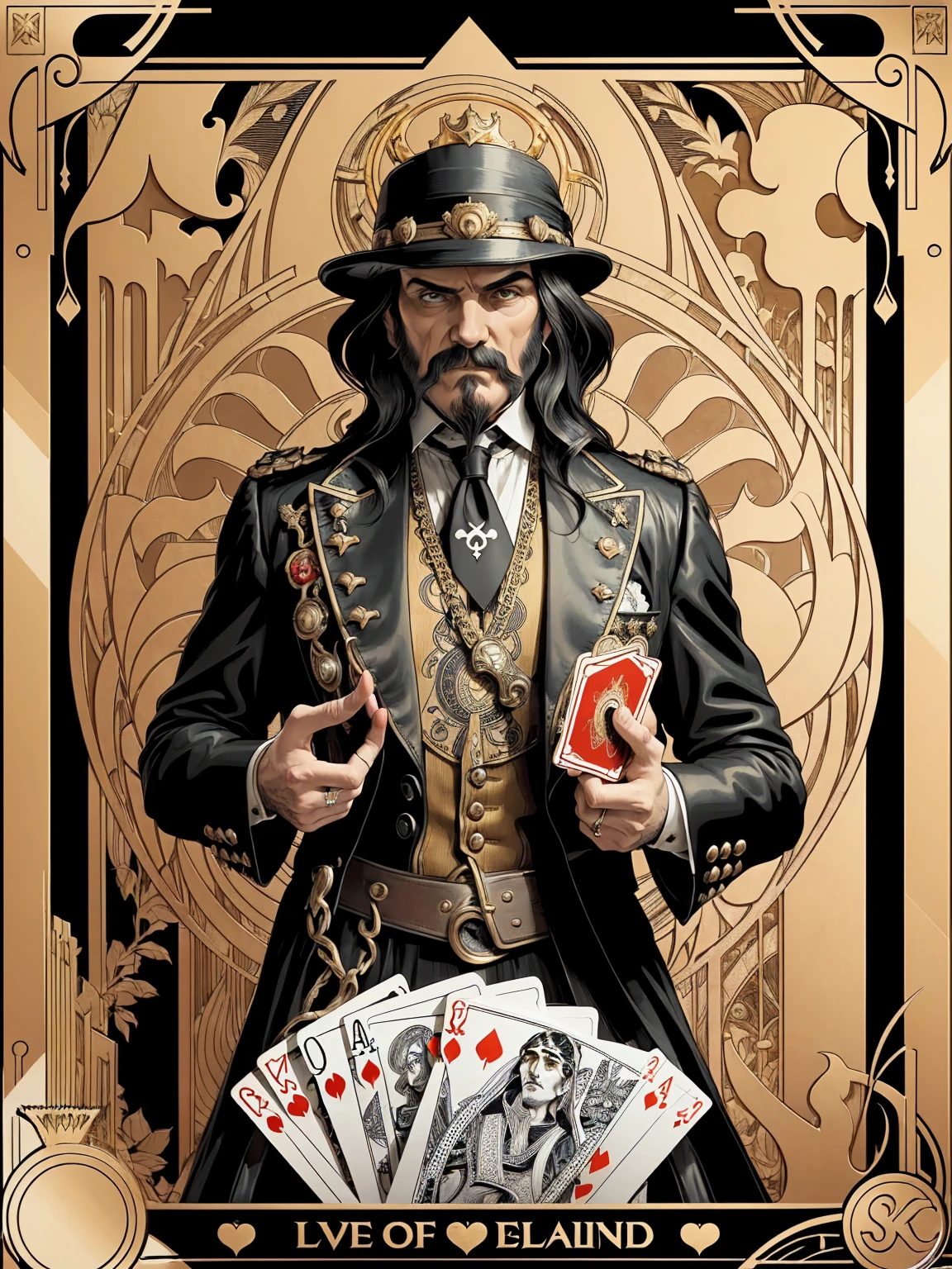 ((Art Nouveau Style)); Lemmy Kilmister as The King of Spades in a stoic pose; ((Traditional King of Spades outfit)); standing; ((Traditional Playing Cards style)); ultrarealistic skin, ultrarealistic face; ultrarealistic body; ((ultrarealistic gold ornaments)); detailed skin; ultra detailed eyes; ultra detailed face; full body symmetrical with thick lines, Fibonacci, golden ratio, 3D metal structure tessellation, neural graphic, neurons, color, love, passion, incredibly detailed, 8k, masterpiece, artstation, surreal
