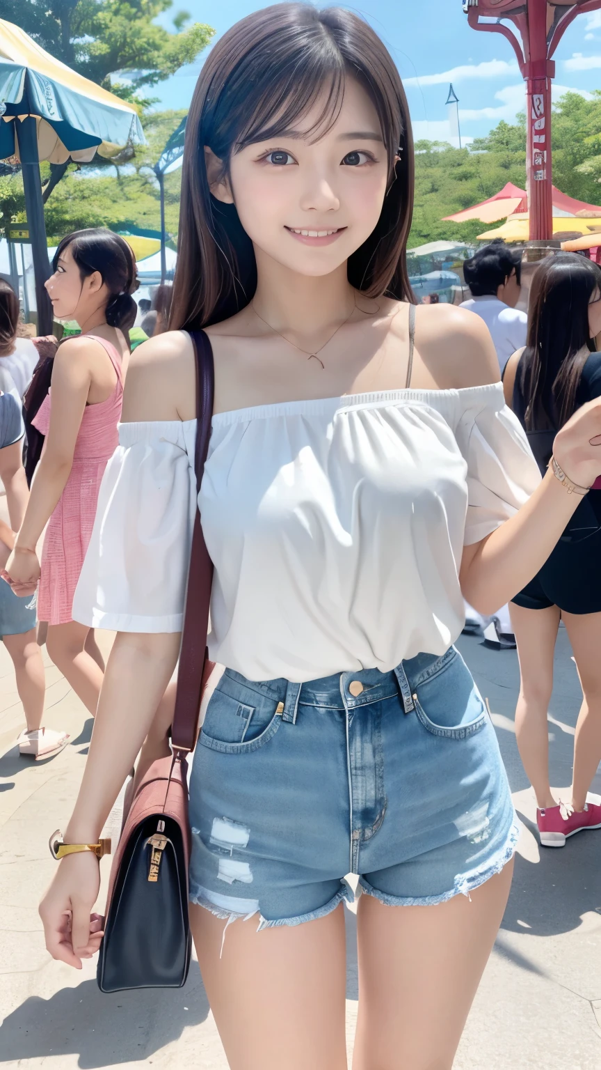 Japanese、Age 25、older sister、A randomly generated person with diverse facial features hairstyle、Perfect Anatomy,amusement park、Hold hands with your audience、Reaching for the camera、White ruffle top、Denim shorts、White sneakers、Casual watches、Crossbody Bags