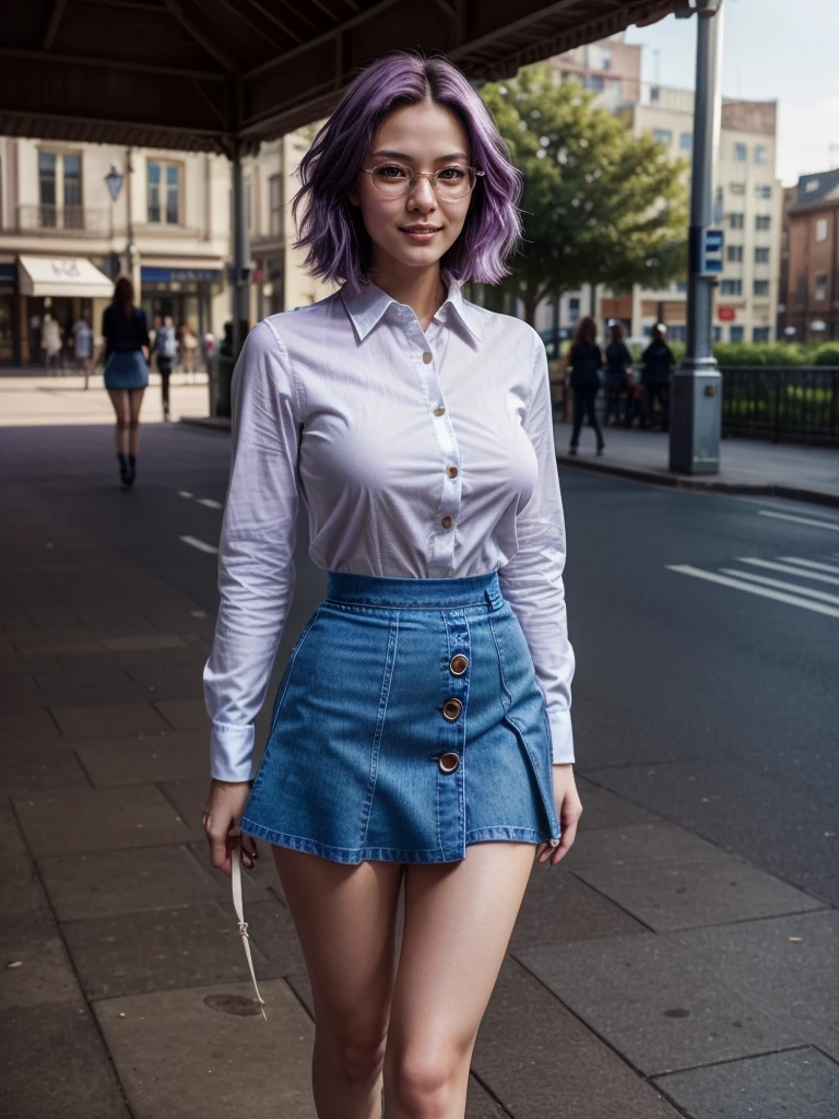 (1 lady), (Best quality at best:1.4), (ultra - detailed), (extremely detailed CG unified 16k), A Beautiful Woman with Perfect Figure: 1.4, Sharp Focus: 1.2, purple hair, very detailed, High-definition RAW color photo, professional photoshooting, amazing face and eyes, cosmetics, (standing), (amazingly beautiful girl), ((kotomi)), (exact clothes: (buttons white shirt, long sleeves), (azure tight skirt jean-type, til knees skirt), formal, teacher outfit, glasses, (black combat boots, blue laces)), (looking cute, immerse in her own thoughts expression), (City park, extremely detailed background, realistic background, first date vibes), (frontal photo), realistic cinematic face, head to feet long wide zoomed out view, full body long view, head to shoes, photorealistic, ((realistic natural purple hair style, purple eyes)), gorgeous, extremely beautiful face, pretty face, delicate girl, (attractive body, fit woman, big girl, athletic body, strong female), perfect model beauty, pout mouth, Highly Detailed Face and Skin Texture, Detailed Eyes, Double Eyelids, Medium size breasts, shy but motivated expression, (masterpiece), best quality, high resolution, extremely detailed, cinematic lighting, amazing legs, clear and well-cared skin, (milky pale skin, white skin like milk), official dior editorial, trending on pinterest, dreamy, aesthetic, ((style raw))