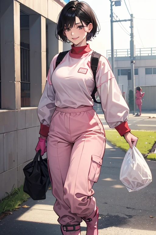 A short-haired, muscular, black-haired mature woman wearing white rubber boots and oversized pink rubber gloves and a red long-sleeved, long-pants gym uniform is cleaning up the schoolyard while smiling gently