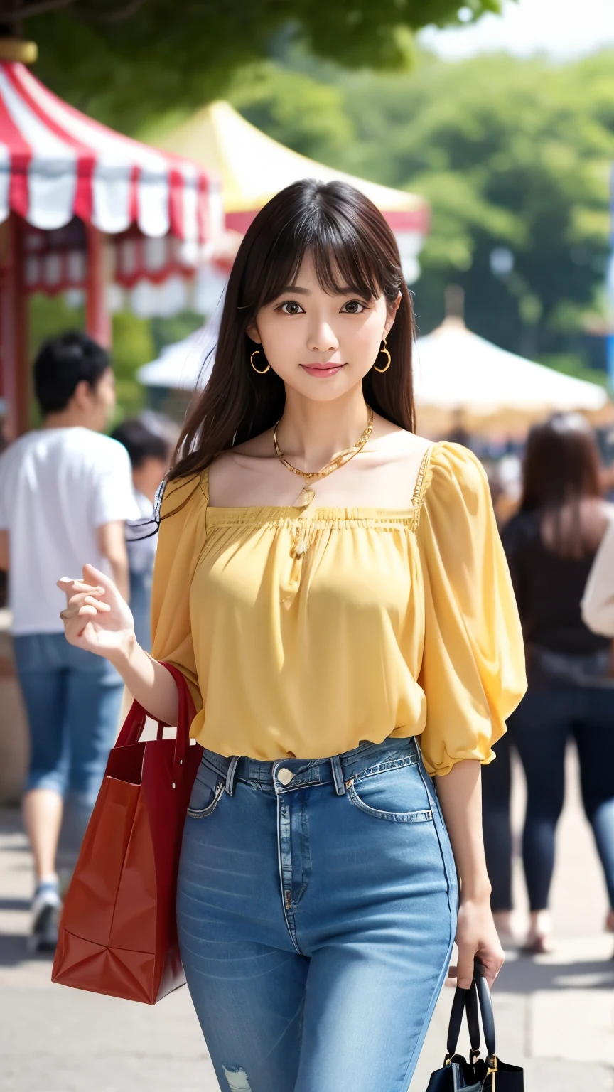 Japanese、Age 35、A randomly generated person with diverse facial features hairstyle、Perfect Anatomy,amusement park、Chiffon blouse、Cropped denim、Ballet flats、Gold Necklace、tote bag