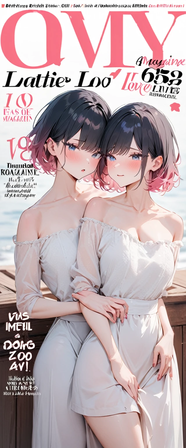(magazine cover:1.3), masterpiece, best quality, twins, in love, romantic, leaning against each other, British, gradient hair, short hair