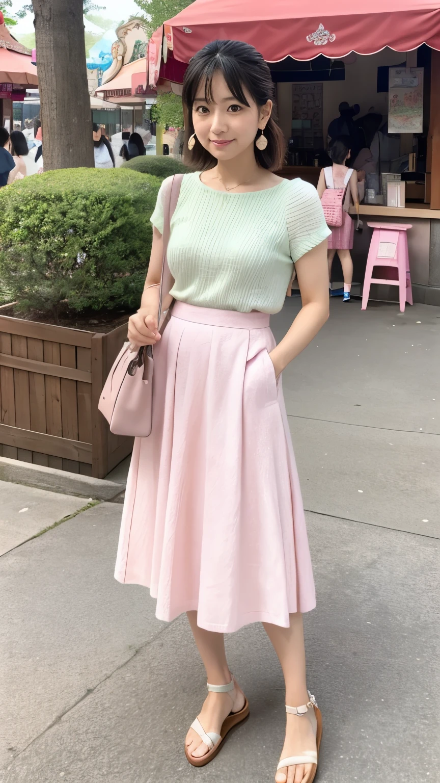 Japanese、Age 35、A randomly generated person with diverse facial features hairstyle、Perfect Anatomy,amusement park、Pastel color knit tops、Flared midi skirt、Sandals、Simple Earrings、Crossbody Bags