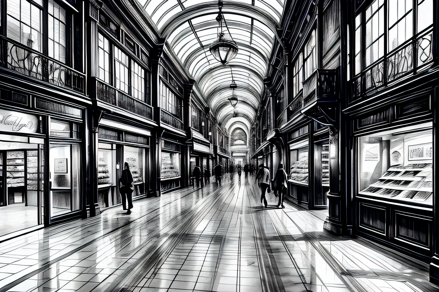 Shopping mall, Interior, Watercolor, art, art, Fantastic illustrations, upscale, fairy tale, Fairytale, Monochrome