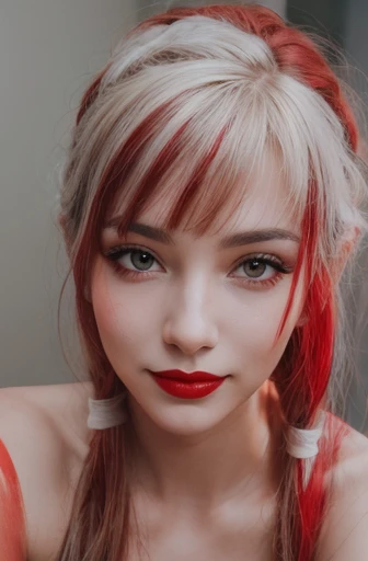 Portrait of a woman with white and red painted lips, looking at the camera with a subtle and provocative smile.