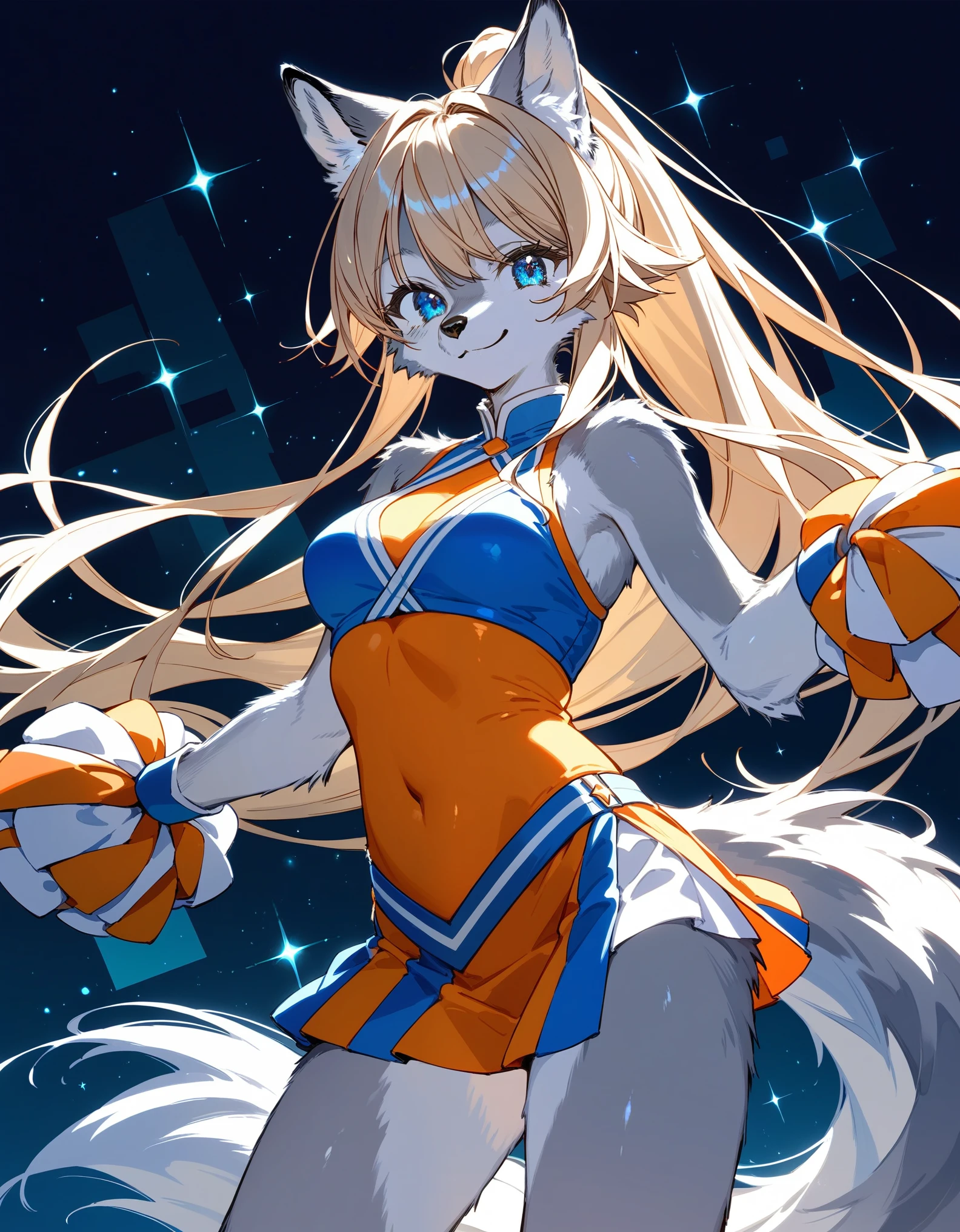 Solo, score_9,score_8_up, score_7_up, an Anthro furry wolf girl, kemono style, silver furry body, tall, hourglass figure, silver wolf tail, golden blonde hair, hair in a ponytail, fancy bangs, beautiful opalescent blue eyes, black nose, wearing blue and white cheerleader outfit, clothes are blue and white, holding up two peace signs with her hands, standing, big smile, sparkling blue eyes, silver abstract background, soft shading, soft line art, cute pose