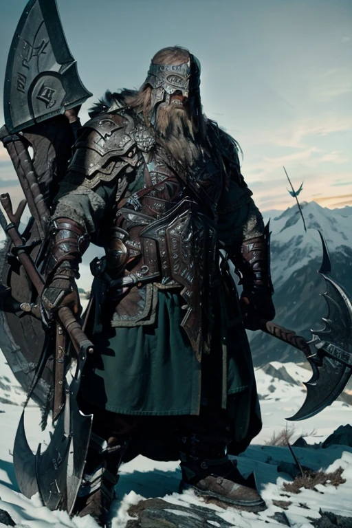 A nordic giant mythology with a battle axe in the snow waiting for enemies, the sky its beautiful, the giant its muscle and big, your face its strong, in the background  many trees and mountains, cinematic style, 4k, great details, master piece, perfect illustration. Warrior man.