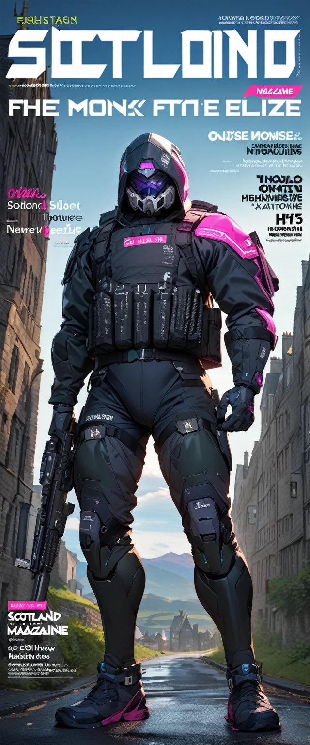 (magazine cover:1.3), masterpiece, best quality, futuristic elite soldier, Scotland, cyberpunk