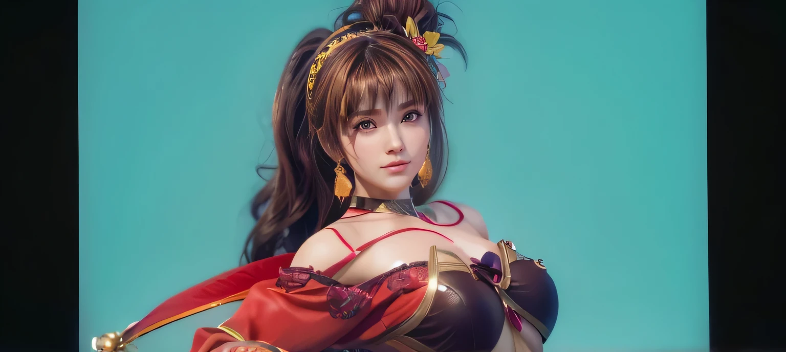 Kasumi, brown eyes, (best quality, ultra-detailed), (realistic:1.37), beautiful and detailed face, ultra-realistic texture, delicate face, delicate body, red lipstick, bright colors. High definition, 8K, well defined legs, cute smilling expression