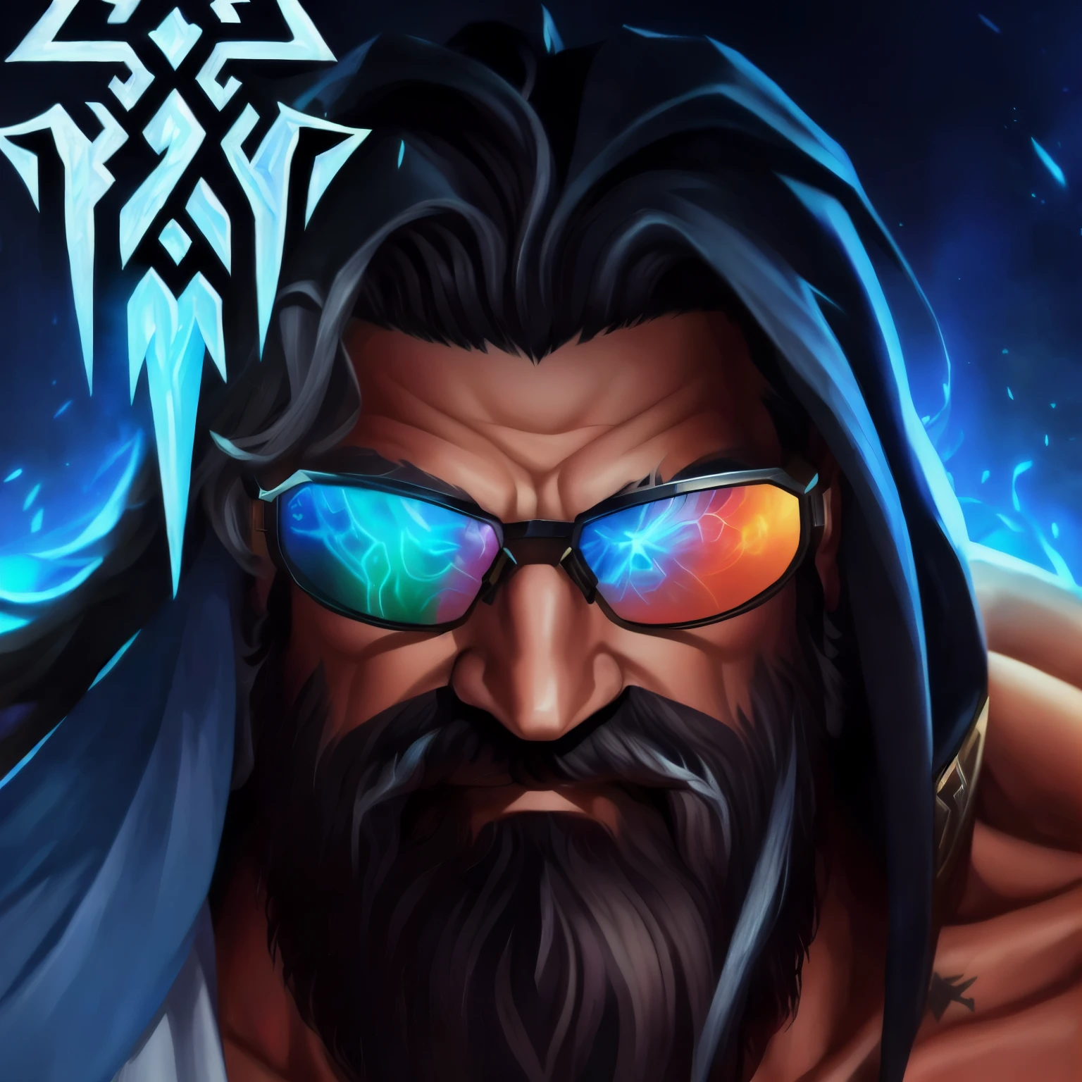 A closeup of a man in sunglasses and beard, Raziel irl, retrato pintado de odin robusto, Silas, painted retrato de Zeus robusto, retrato de Zeus robusto, retrato zeus, Estilo World of Warcraft, foto do perfil 1024px, epic game portrait, Arte no estilo Hearthstone, arte oficial, Jogos inspirados da Blizzard