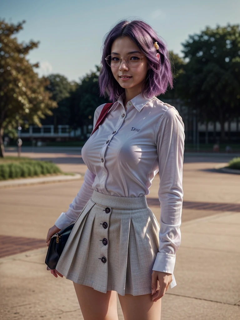 (1 lady), (Best quality at best:1.4), (ultra - detailed), (extremely detailed CG unified 16k), A Beautiful Woman with Perfect Figure: 1.4, Sharp Focus: 1.2, purple hair, very detailed, High-definition RAW color photo, professional photoshooting, amazing face and eyes, cosmetics, (standing), (amazingly beautiful girl), ((kotomi)), (exact clothes: (buttons white shirt, long sleeves), (scarlet red cotton skirt, til knees skirt), formal, teacher outfit, glasses, (black combat boots, blue laces)), (looking cute, immerse in her own thoughts expression), (City park, extremely detailed background, realistic background, first date vibes), (frontal photo), realistic cinematic face, head to feet long wide zoomed out view, full body long view, head to shoes, photorealistic, ((realistic natural purple hair style, purple eyes)), gorgeous, extremely beautiful face, pretty face, delicate girl, (attractive body, fit woman, big girl, athletic body, strong female), perfect model beauty, pout mouth, Highly Detailed Face and Skin Texture, Detailed Eyes, Double Eyelids, Medium size breasts, shy but motivated expression, (masterpiece), best quality, high resolution, extremely detailed, cinematic lighting, amazing legs, clear and well-cared skin, (milky pale skin, white skin like milk), official dior editorial, trending on pinterest, dreamy, aesthetic, ((style raw))