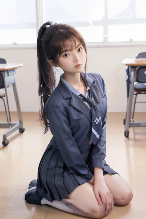Perfect Anatomy ,A neat and clean high school girl with a ponytail, (school uniform, Sailor suit, Tie a ribbon around your chest, Winter clothes, The upper body is navy blue, The skirt is dark blue),Classroom in the morning,長袖で昔ながらの紺色のSailor suitに膝丈のプリーツスカートを着て体育館シューズを履いて,((Sitting on the gym floor、Have a strange look on your face, She acts like a bitch.)),Short Bob,(((Front shot above the knee))),Best image quality,Professional perspective,Excellent detail,超A high resolution,Realistic:1.4),High detail,Attention to detail,One girl is concentrating,beautiful chestnut hair,Beautiful face with a delicate and high nose,Long limbs like a model,A glimpse of her underwear,