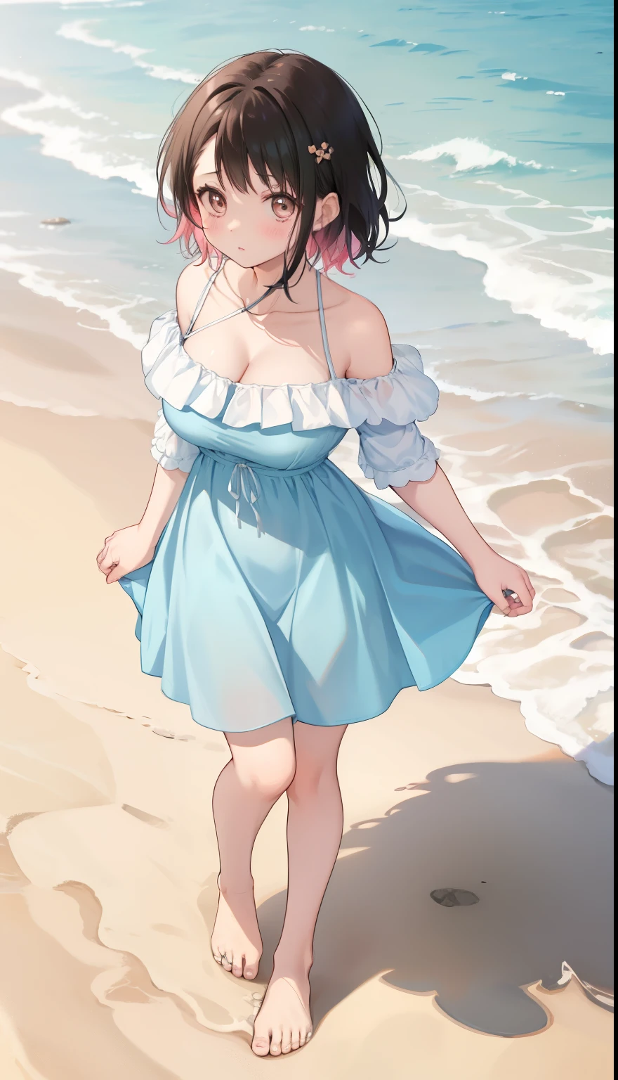 One Girl、positive、Standing posture、Full body portrait、Black Hair、Medium Haircut、blush、Absolute area、No panties、No bra、barefoot、Light blue dress、Off-the-shoulder dress、(Very large breasts)、Cleavage、((Lesbians around the world))、masterpiece、(highest quality)、barefoot、White Sandals、Bare your breasts、Seaside、Walking on the beach、Outdoor、Very short skirt